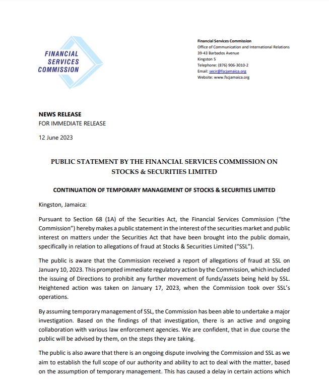 Public Statement by the FSC on Stocks & Securities Limited Financial